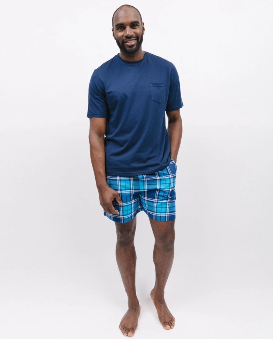 Cyberjammies Men's Jersey T-Shirt and Blue Check Shorts Lounge Set